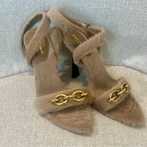 Saint Laurent Tan Fur Heels with Gold Chain